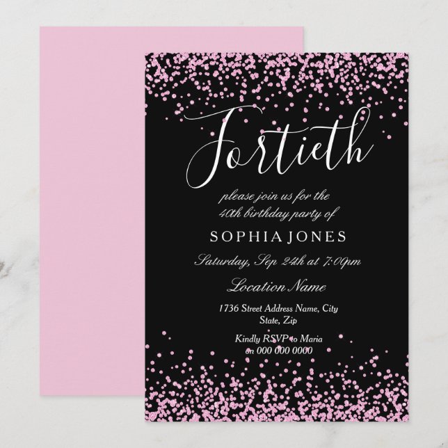 Black Pink Glitter Girls 40th Birthday Party Invitation (Front/Back)