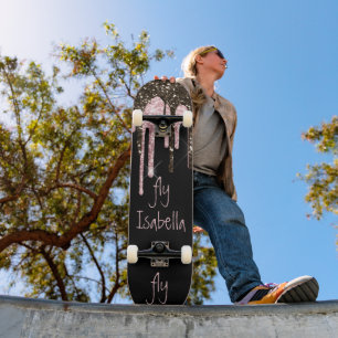 Black Pink Glitter Girly Sparkle Personalised Name Skateboard