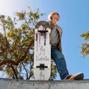 Black Pink Glitter Girly Sparkle Personalised Name Skateboard