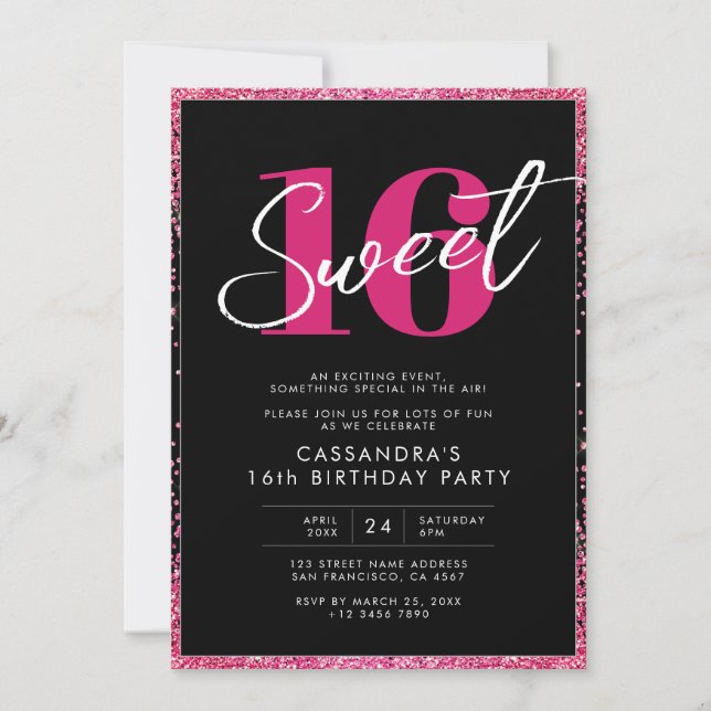 Black Pink Glitter Glam Sweet Sixteen Birthday Invitation (Front)