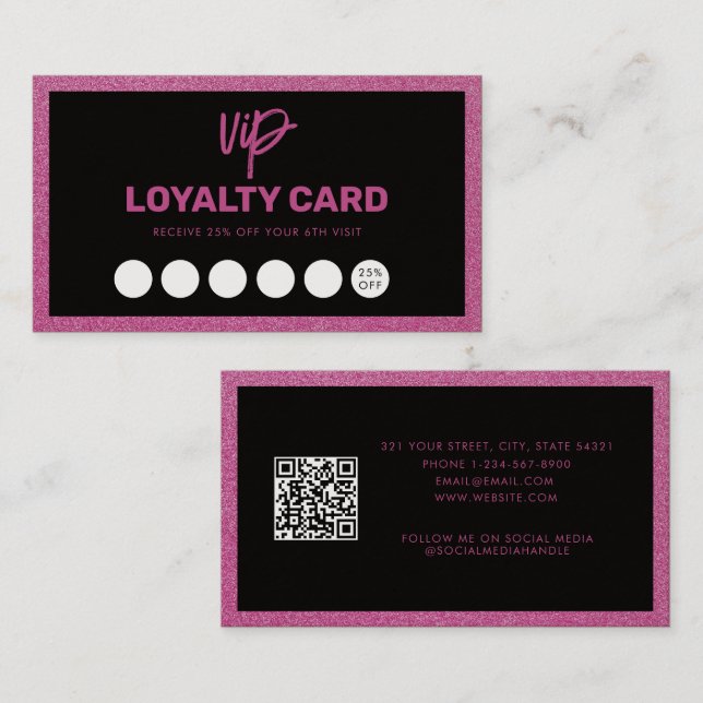 Black & Pink Glitter Loyalty Card Customer Rewards (Front/Back)