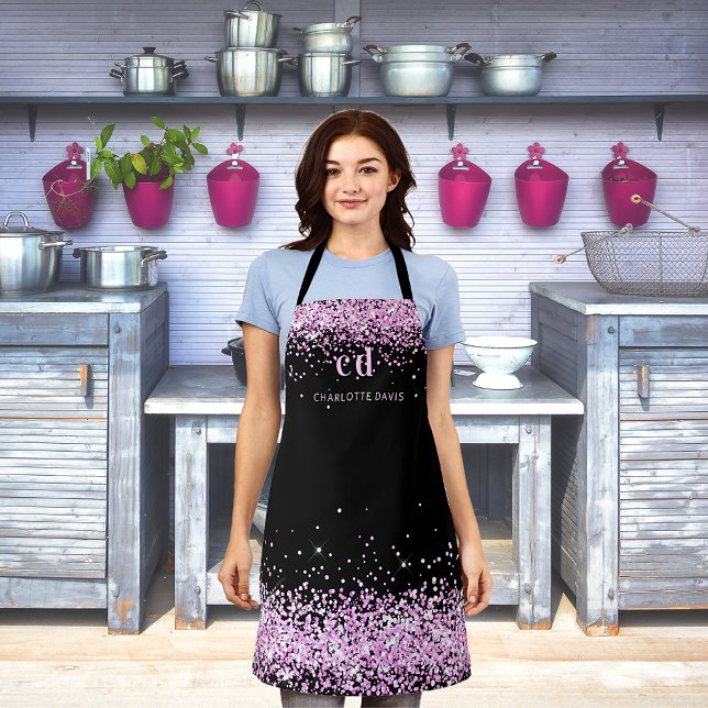Black pink glitter monogram initials name  apron (Creator Uploaded)