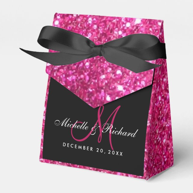 Black Pink Glitter Monogram Wedding Favour Box (Front Side)
