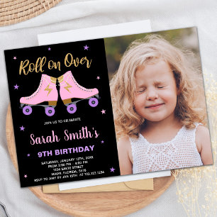 Black Pink Glitter Photo Skating Birthday Invitation