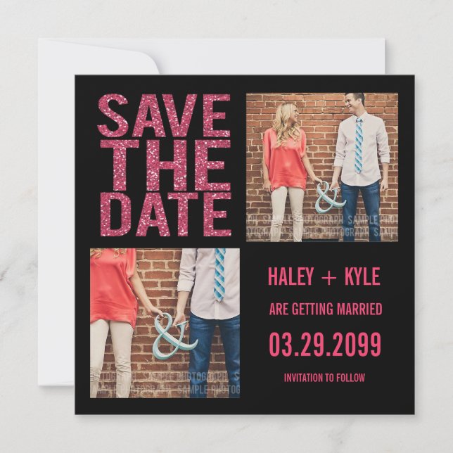 Black & Pink Glitter Save the Date Photo Cards (Front)