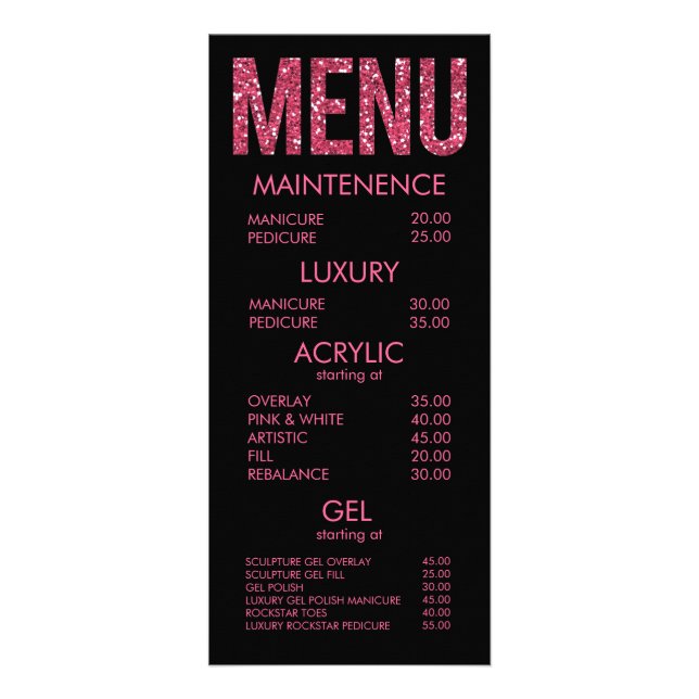 Black & Pink Glitter Typography Salon Menu Cards (Front)