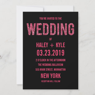 Black & Pink Glitter Typography Wedding Invitation