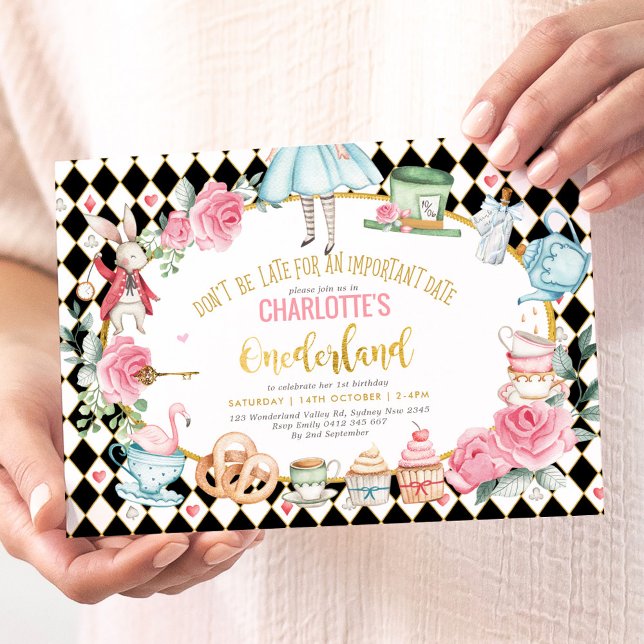 Black Pink Gold Alice in Onederland Birthday Tea Invitation (Creator Uploaded)