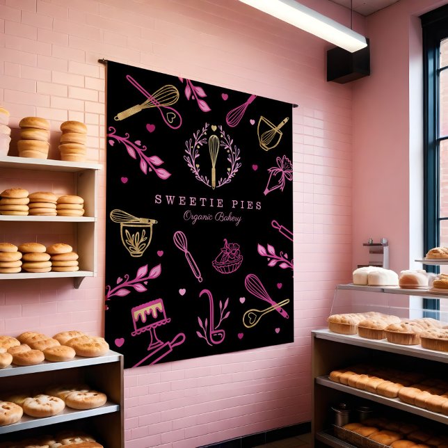 Black, Pink & Gold Baking & Cooking Utensil Bakery Tapestry (Black, Pink & Gold Baking & Cooking Utensil Bakery Tapestry)