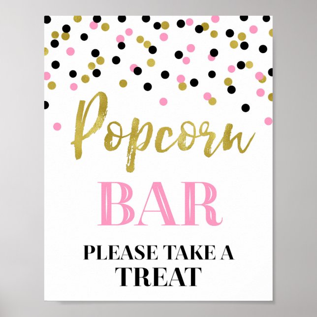 Black Pink Gold Confetti Popcorn Bar Sign (Front)