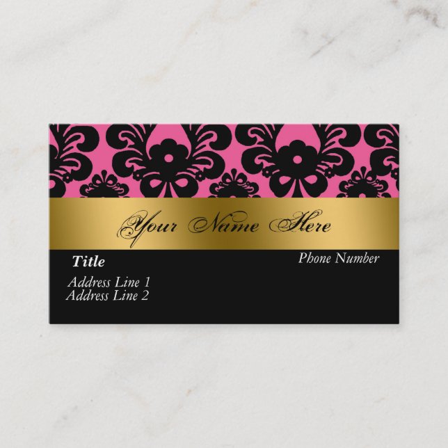 Black Pink Gold Damask Business Card (Front)
