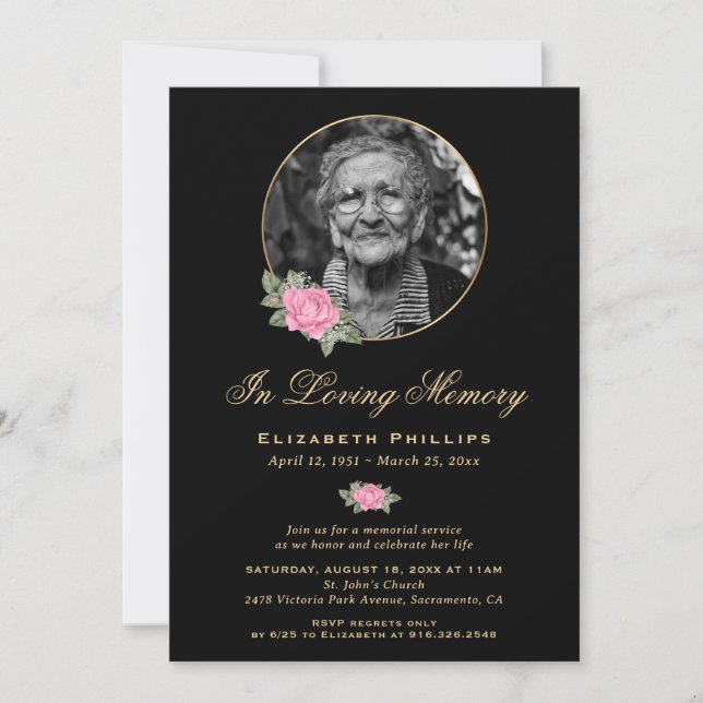 Black Pink Gold Floral Photo Memorial Service Invitation (Front)