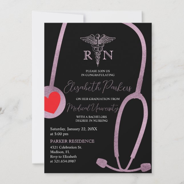 Black Pink Gold Modern Nursing Graduation Party Invitation (Front)
