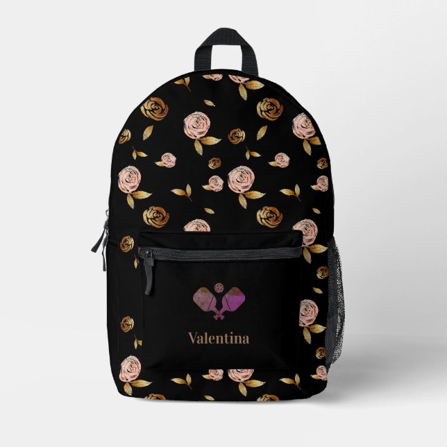 Black Pink Gold Rose Pattern Modern Pickleball Printed Backpack (Front)