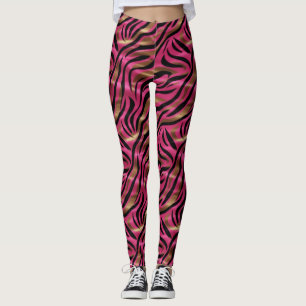 Black Pink Gold Zebra Stripes Animal Print Pattern Leggings