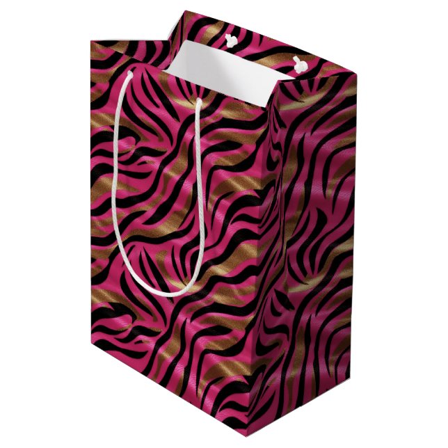 Black Pink Gold Zebra Stripes Animal Print Pattern Medium Gift Bag (Back Angled)