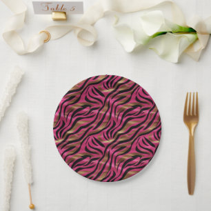 Black Pink Gold Zebra Stripes Animal Print Pattern Paper Plate