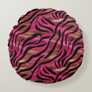 Black Pink Gold Zebra Stripes Animal Print Pattern Round Cushion