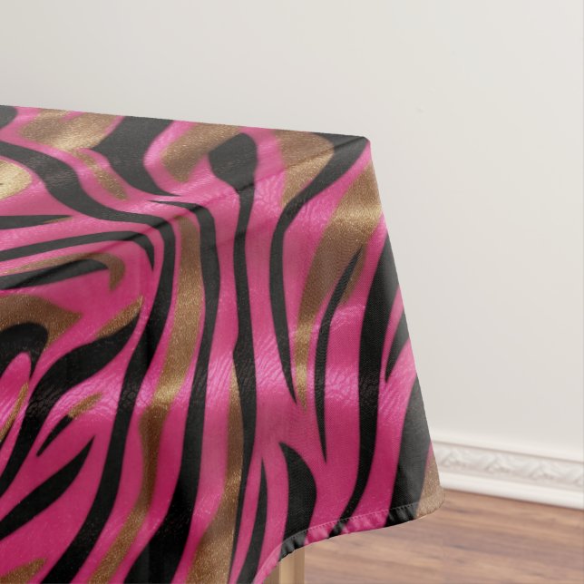 Black Pink Gold Zebra Stripes Animal Print Pattern Tablecloth (In Situ)