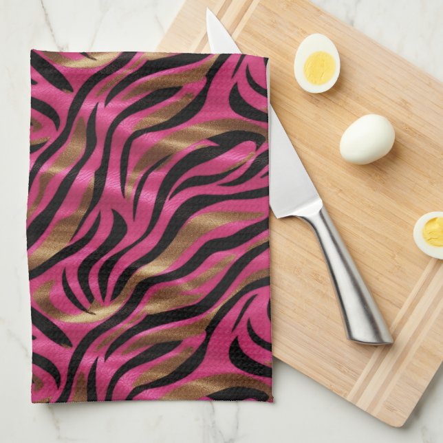Black Pink Gold Zebra Stripes Animal Print Pattern Tea Towel (Quarter Fold)