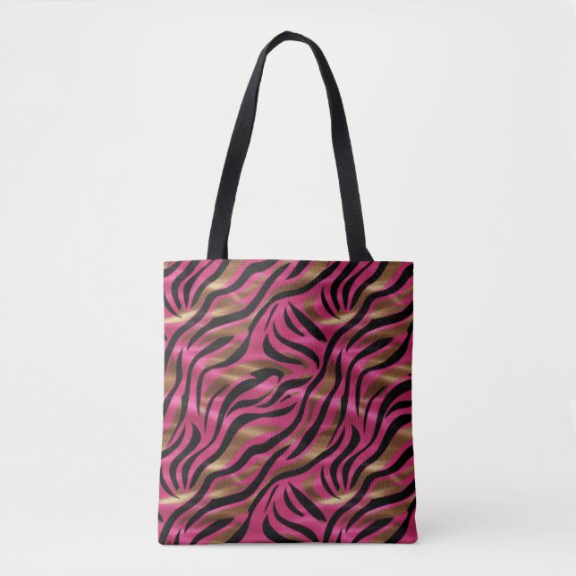 Black Pink Gold Zebra Stripes Animal Print Pattern Tote Bag (Front)