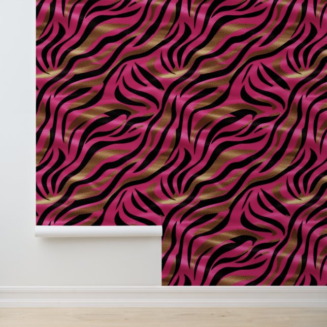 Black Pink Gold Zebra Stripes Animal Print Pattern Wallpaper (Application)