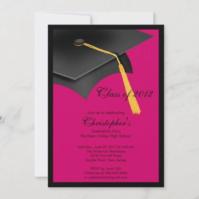 Black Pink Grad Cap Graduation Party Invitation (Front)