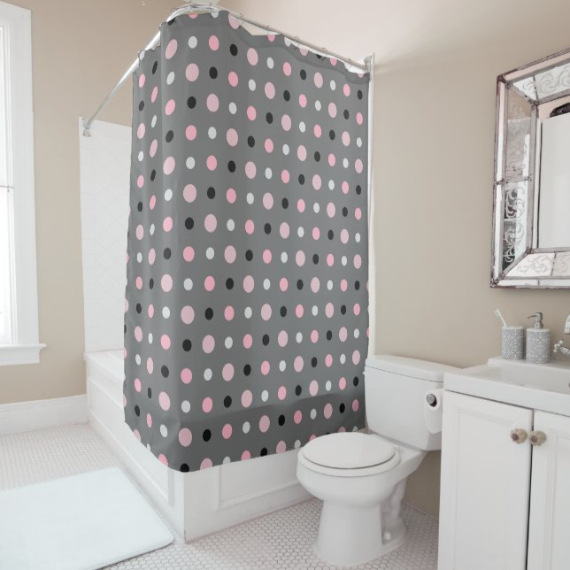 Black, pink, grey and white dots shower curtain (In Situ)