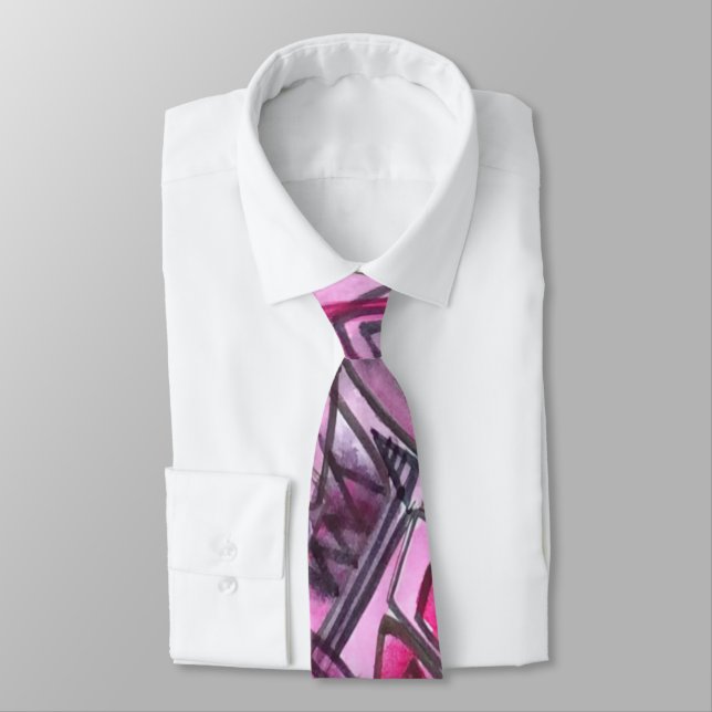 Black Pink Grey Doodle Art Abstract Watercolor Tie (Tied)