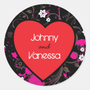 Black & Pink Grungy Heart Music Themed Wedding Classic Round Sticker