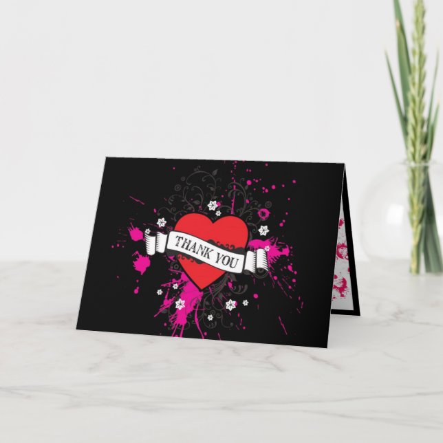 Black & Pink Grungy Heart Music Themed Wedding Thank You Card (Front)