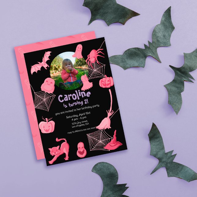 Black & pink Halloween birthday party invitation (Creator Uploaded)