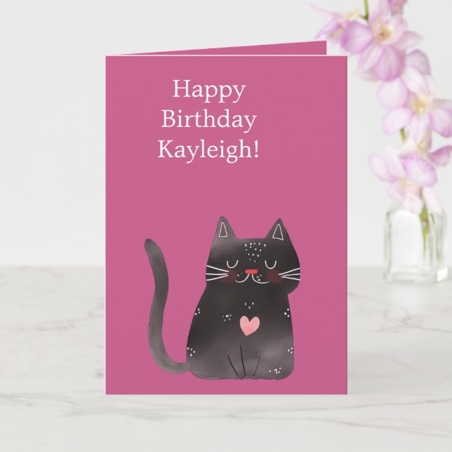  Black Pink Heart Cat Birthday Card (Orchid)
