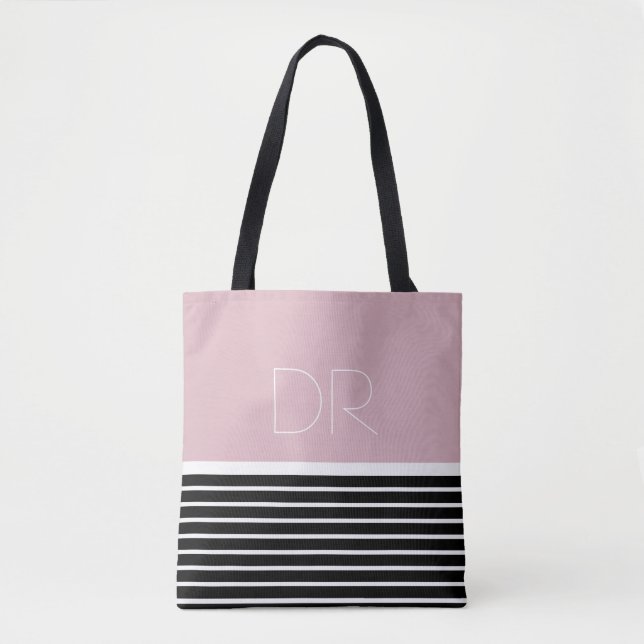 Black Pink horizontal stripes & monogram . elegant Tote Bag (Front)