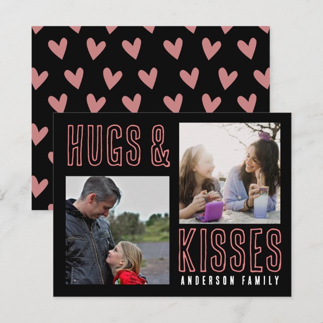Black Pink Hugs & Kisses 2 Family Photo Valentine Holiday Card (Front/Back)