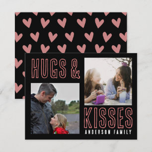 Black Pink Hugs & Kisses 2 Family Photo Valentine Holiday Card
