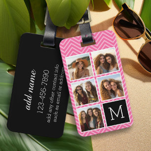 Black Pink Instagram 5 Photo Collage Monogram Luggage Tag