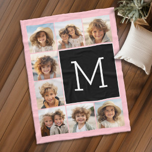 Black Pink Instagram 8 Photo Collage Monogram Fleece Blanket