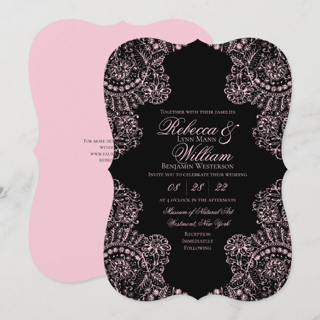 Black Pink Lace Elegant Gothic Wedding Invitation (Front/Back)