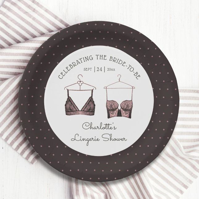 Black Pink Lace Watercolor Lingerie Bridal Shower Paper Plate (Creator Uploaded)