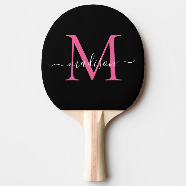 Black Pink Magenta Monogram Elegant Script Name Ping Pong Paddle (Front)