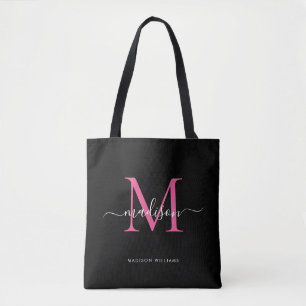 Black PInk Magenta Monogram Script Name Initial Tote Bag