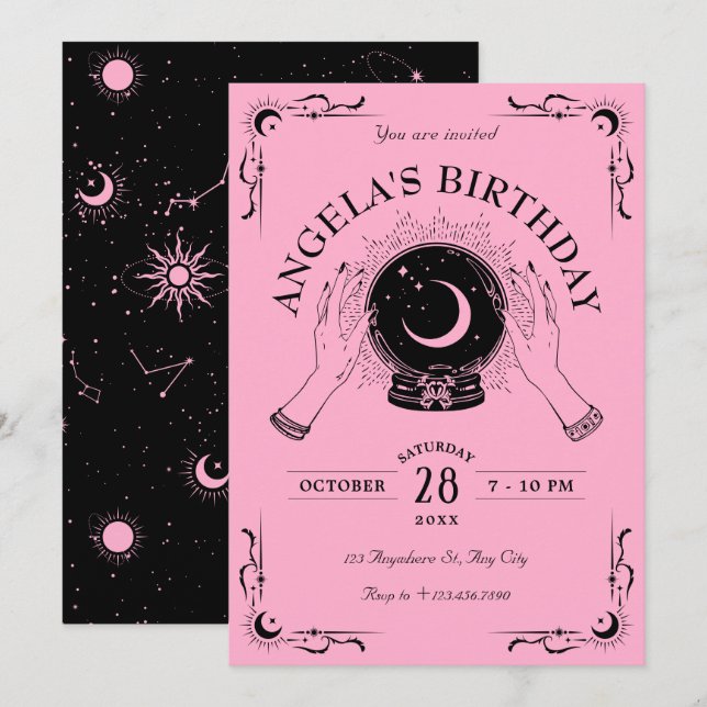 Black pink magic moon crystal ball birthday invitation (Front/Back)