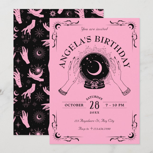 Black pink magic moon crystal ball birthday invitation (Front/Back)