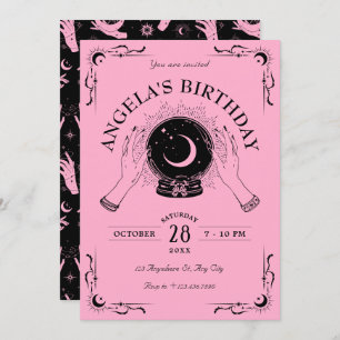 Black pink magic moon crystal ball birthday invitation