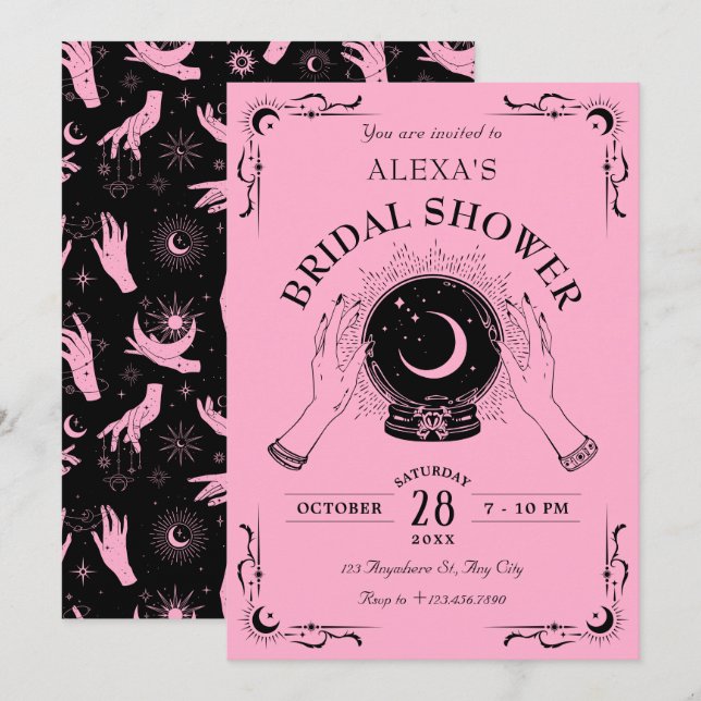 Black pink magic moon crystal ball bridal shower invitation (Front/Back)