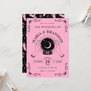 Black pink magic moon crystal ball wedding invitation