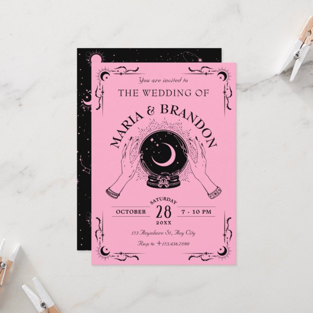 Black pink magic moon crystal ball wedding invitation (Front/Back In Situ)