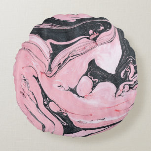 Black Pink Marble: Abstract Art Round Cushion