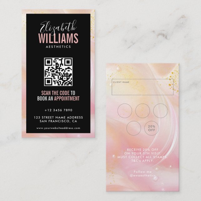 Black Pink Marble Beauty Salon QR Code Loyalty & Business Card (Front/Back)